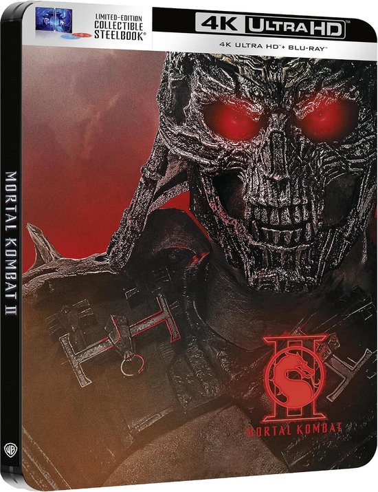 Steelbook met een close-up van een monsterlijk personage met gloeiende rode ogen en een Mortak Kombat logo.