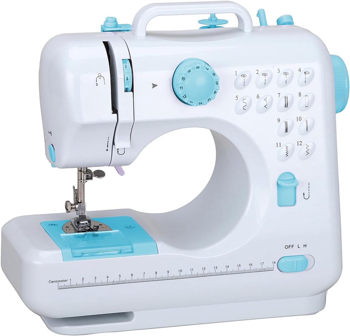 SnelShoppen - Draagbare elektrische naaimachine voor beginners met 12 naaiprogramma's, dubbele draad, huishoudnaaimachine in blauw voor kinderen en ho