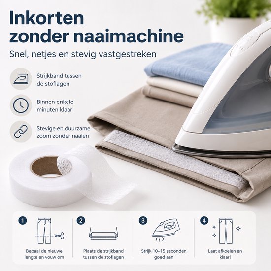 Instructies voor het inkorten van broeken met strijkband: meten, plaatsen, strijken en klaar.