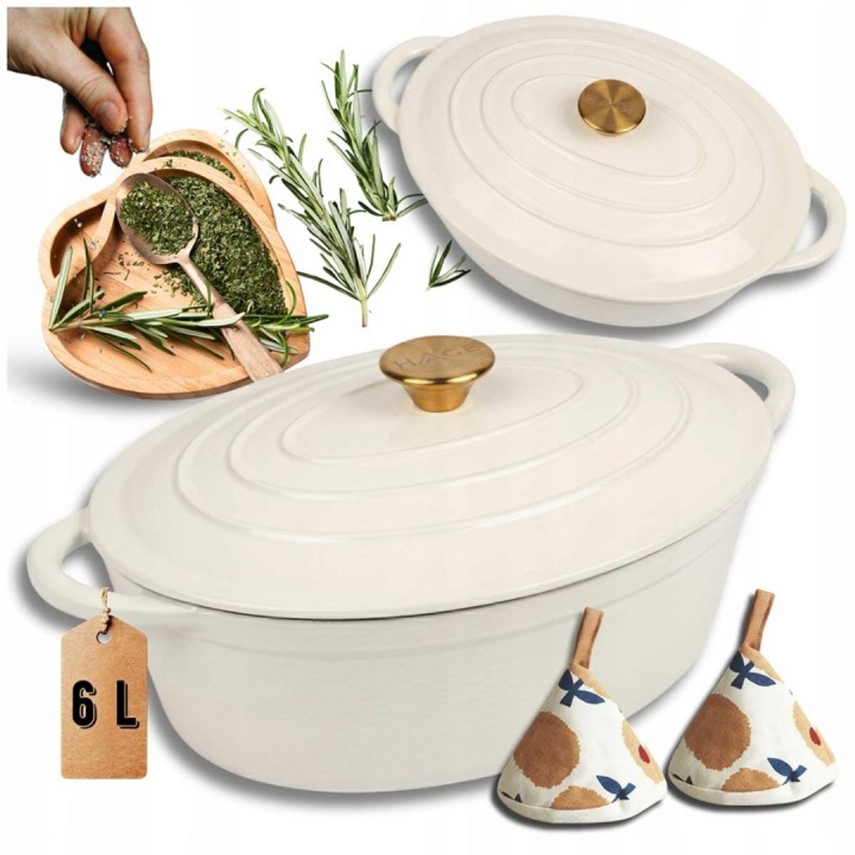 Hage - Gietijzeren Braadpan - Braadpan - Cast Iron Casserole met Deksel - Geëmailleerd - Geschikt voor Inductie & Oven - 6 Liter - 34 x 26 x 18 cm - Crème