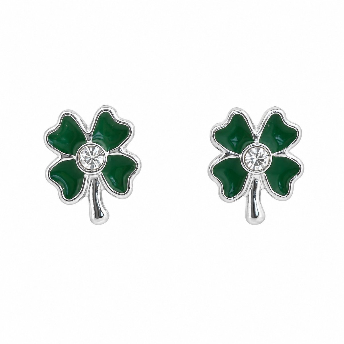 Stalen dames oorstekers klavertje 4 vier met groen emaille en glinsterend kristal steentje - 8mm