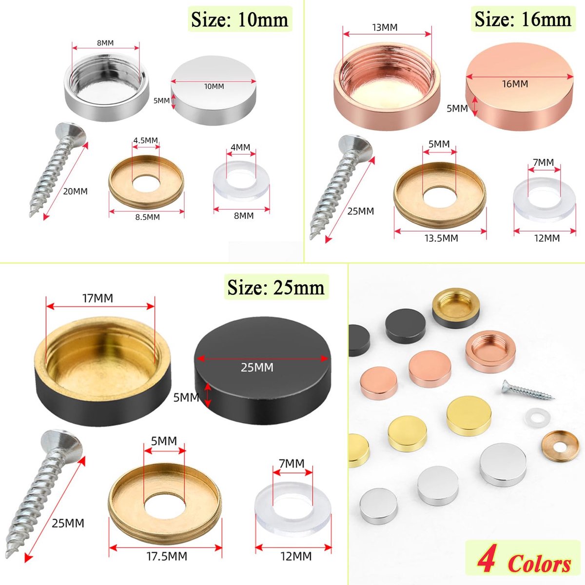 12 sets roestvrijstalen spiegelschroeven, 16 mm, decoratieve schroeven met geborsteld deksel, dekselschroeven voor spiegels, meubels, wandpanelen in de badkamer, spijkers voor