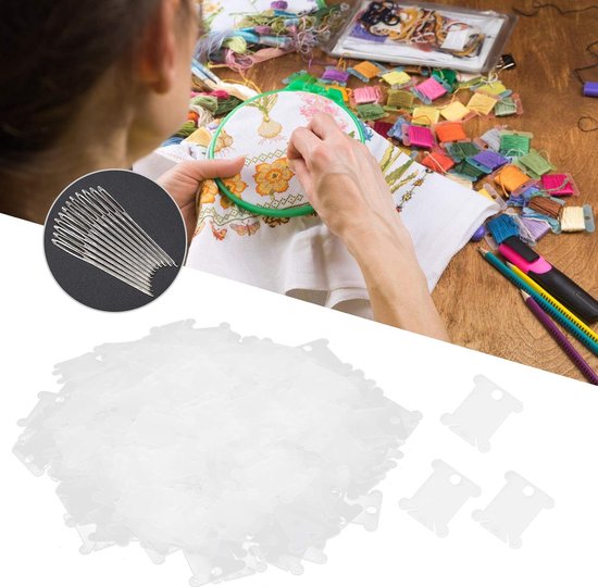 300 Stuks Floss Spoel Kaart, 300 Stuks Klossen Plastic Transparante Borduurplaat Borduurgereedschap Naaigaren Houder Opslag Tool met 12 Zilveren Blunt Big Eye Naald — afbeelding 4