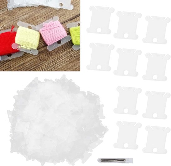 300 Stuks Floss Spoel Kaart, 300 Stuks Klossen Plastic Transparante Borduurplaat Borduurgereedschap Naaigaren Houder Opslag Tool met 12 Zilveren Blunt Big Eye Naald — afbeelding 5