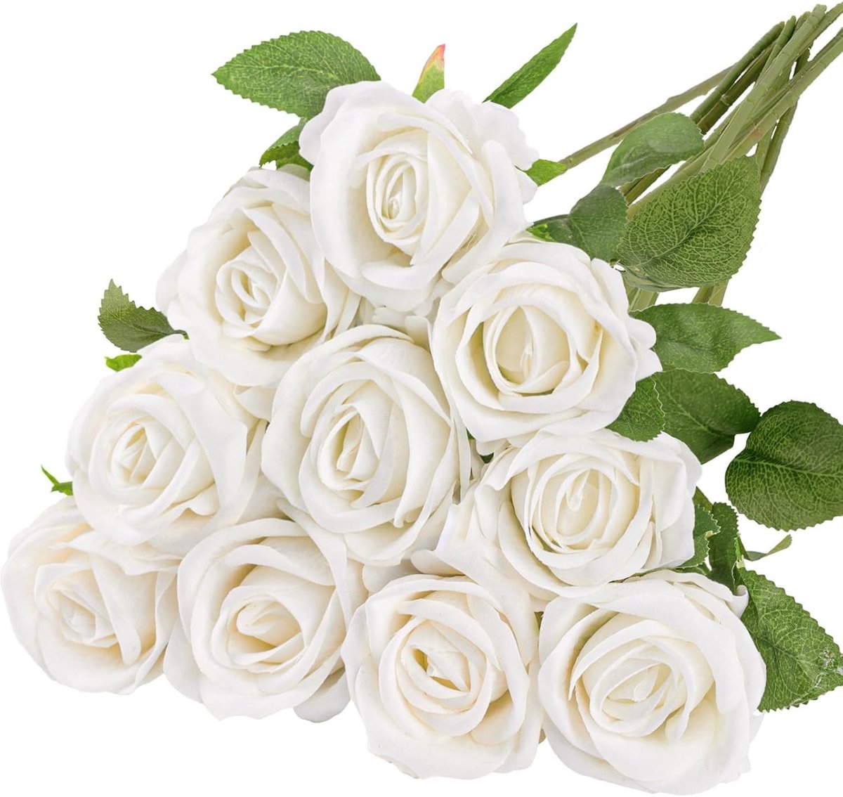 NIETING Kunstrozen, 10 stuks realistische zijden bloemen, enkele lange steel, namaakrozen, bruidsboeket voor bruiloft, thuis, feest, arrangement, hotel, tuindecoratie (wit, 51 cm)
