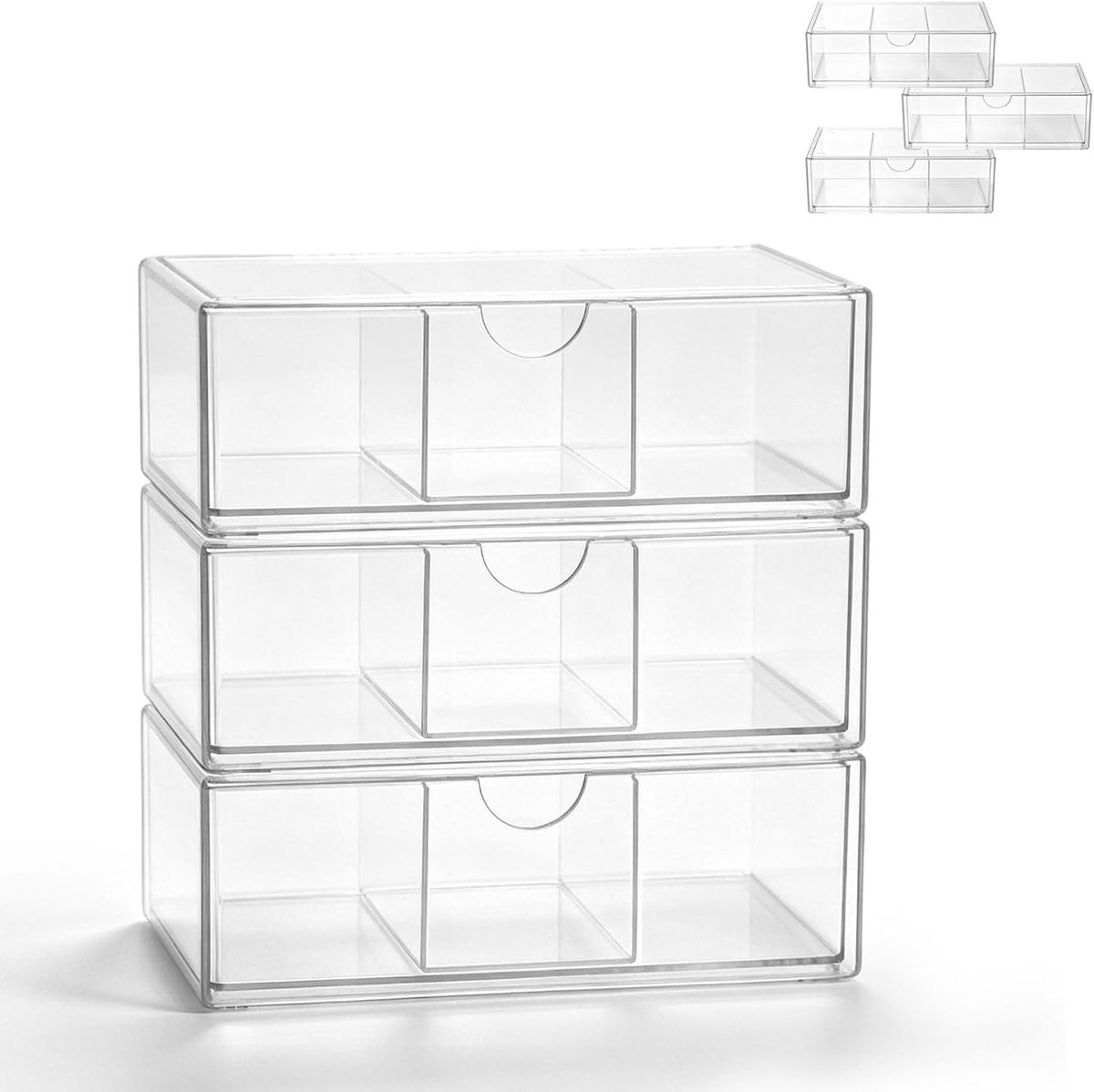 Set van 3 acryl opbergdozen met lade, stapelbare cosmetica-organizers, 20,5 x 10 x 7 cm, transparante ladebox met uitneembare scheidingswanden voor sieraden, koffiecapsules, gezondheidsproducten