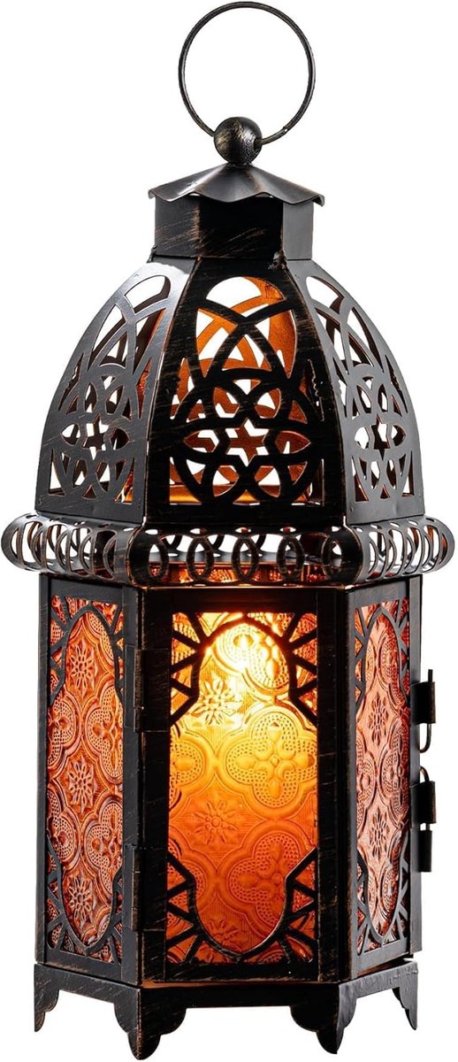Hangende Marokkaanse lantaarn, 30 cm vintage kandelaar, metalen lantaarns decoratief binnen buiten, tafel, terras, veranda, plank, donker academische gotische woondecoratie (barnsteen)
