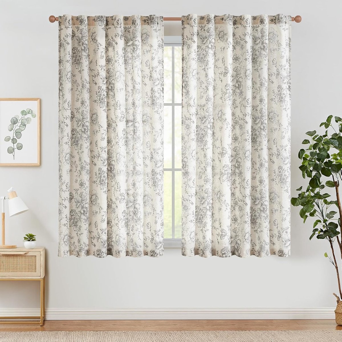 Linnengordijnen, bloementordijnen met plooiband, lichtdoorlatend, boerderij, lange gordijnen, raamsjaal voor woonkamer, slaapkamer, raam, set van 2, 140 x 210 H (cm), grijs op beige