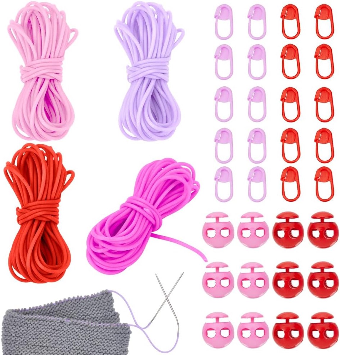 20,91 Meters 4 Lichte Kleuren Breirubberen Koord, 4 Rollen Naaistoptreggen Breikoord met 12 Stks 2-Gaats Plastic Koordvergrendelingen 20 Stks Naaldenclips voor Breiprojecten
