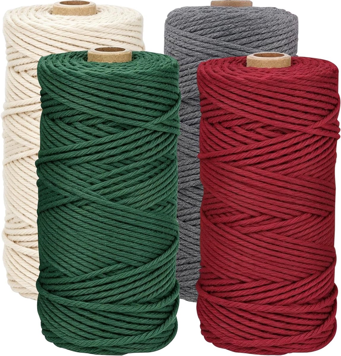 garen, 3 mm x 400 m macramé koord, (set met 4 kleuren: ecru/donkergrijs/legergroen/bordeaux) DIY natuurlijk garen katoenen koord katoenen koord voor wandplanten handwerk
