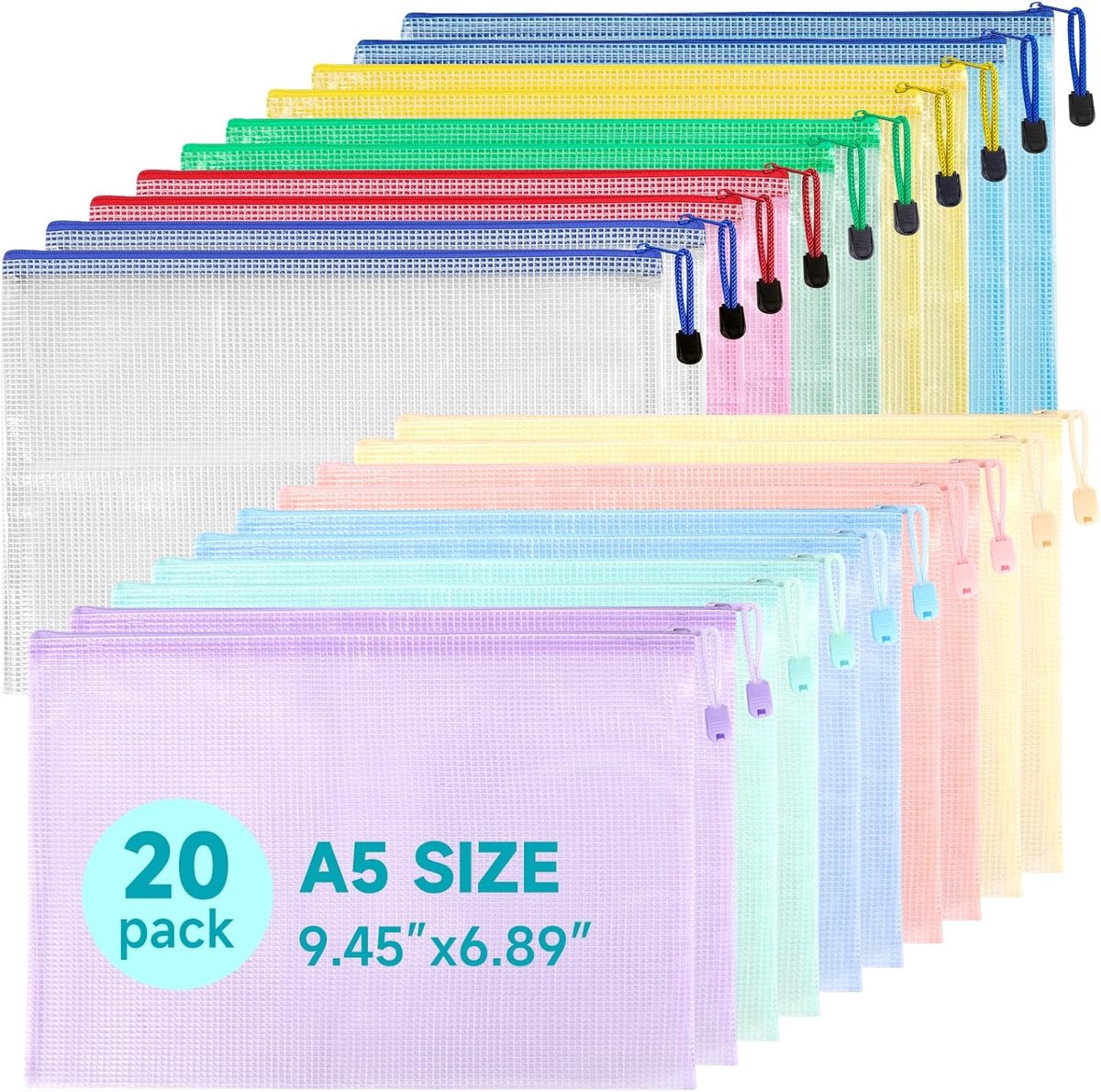 20 stuks A5 plastic portefeuilles bestandszakken, A5-documentenportefeuilles met rits, documentenmap, ritszakken, plastic map met ritssluiting voor school, reizen, thuis, kantoor