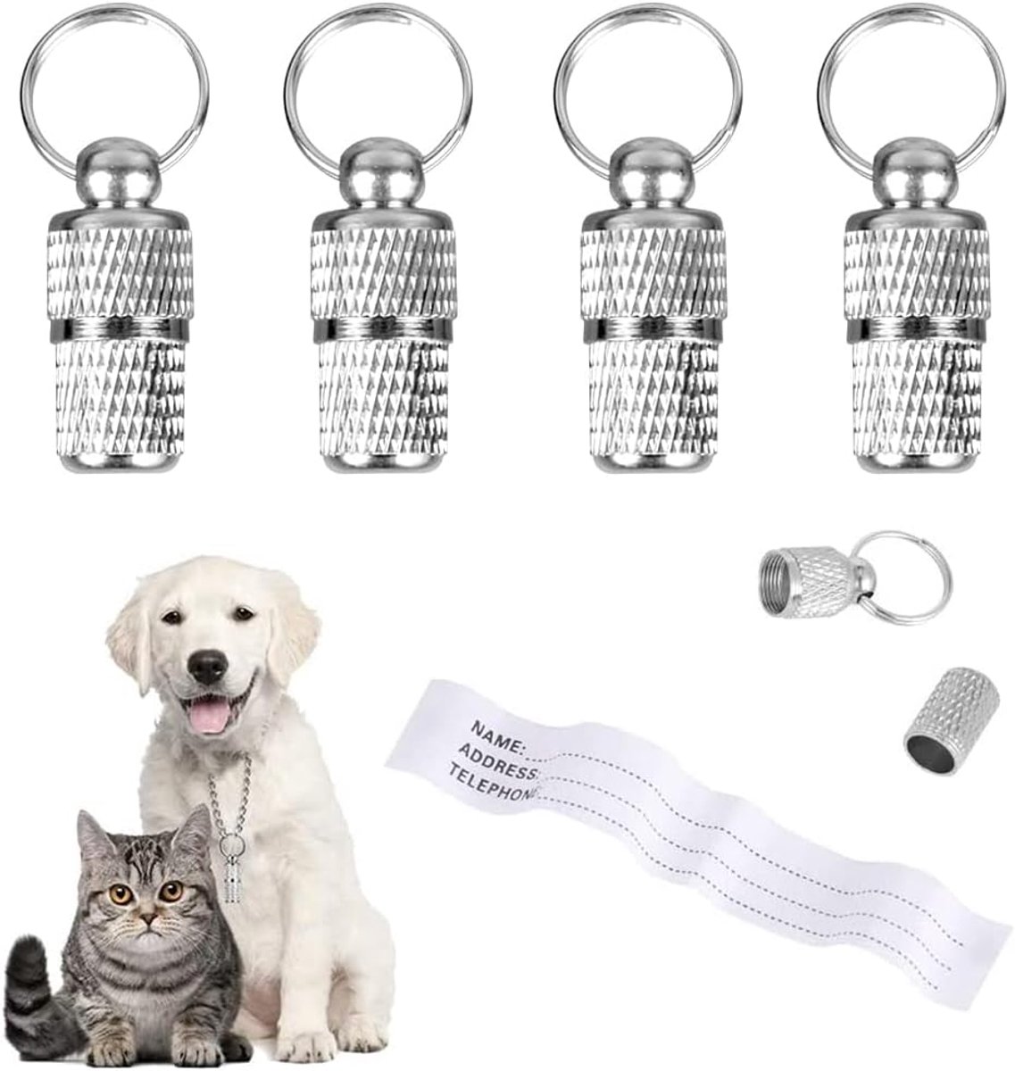 4 stuks huisdierenlabels, adreslabel voor honden en katten, aanhanger huisdier, ID-adreslag, waterdicht, halsband hanger voor kat en hond, voorkomt verlies van huisdieren