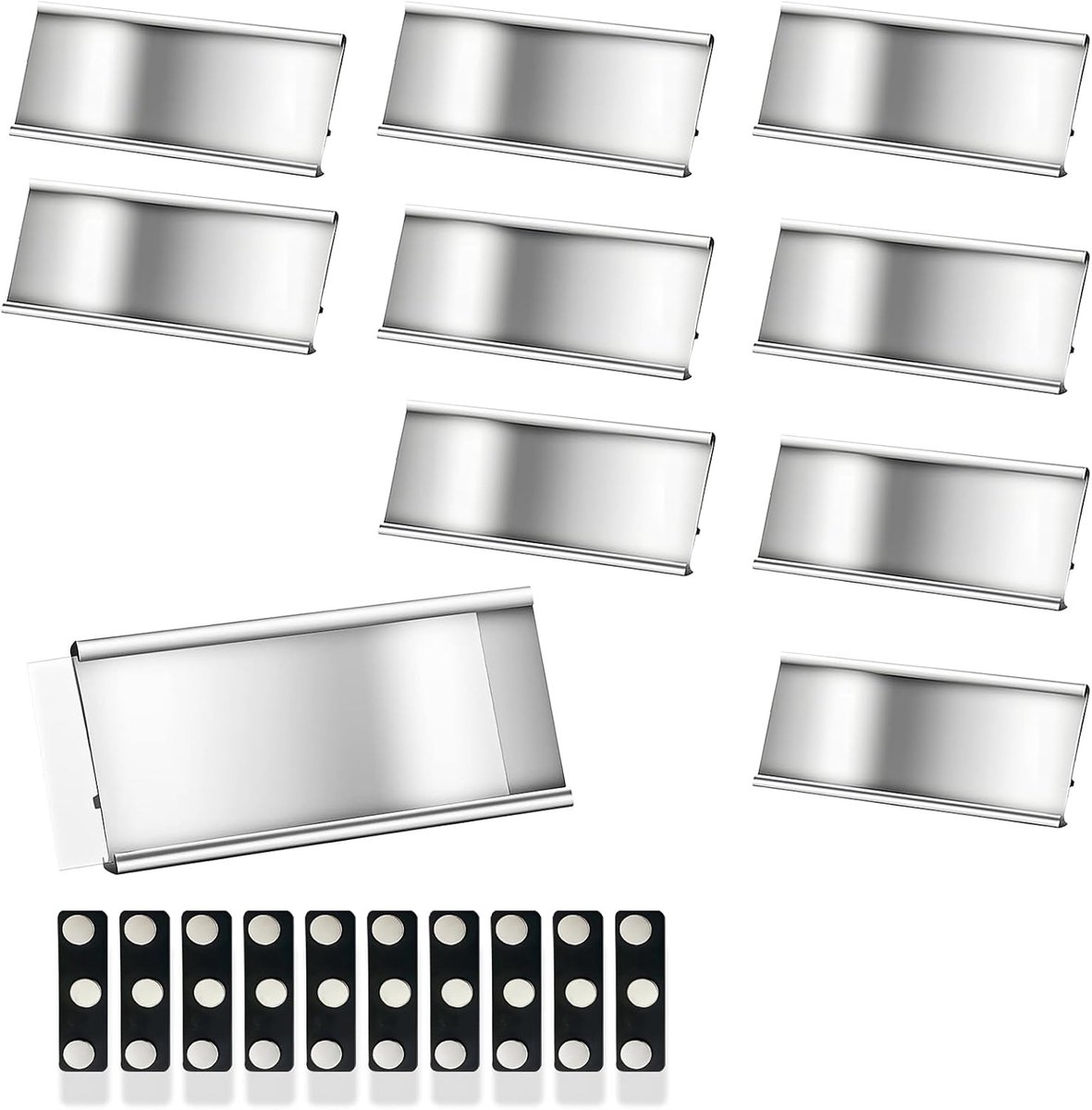 10 stuks naamplaatjes magneet, aluminiumlegering, naamplaatje kleding, 7,2 x 3,2 cm, naambordjes om vast te klikken, met 10 paar magneetsluitingen, voor school, kantoor, tentoonstelling
