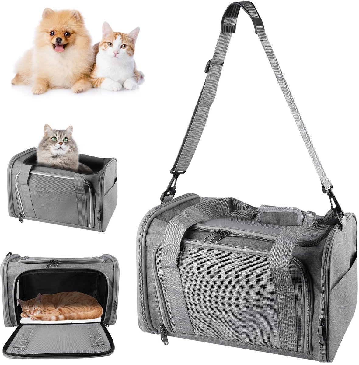 SnelShoppen - Opvouwbare Kattentransporttas - Lichtgewicht en Ademend - Geschikt voor Vliegtuig - Draagtas voor Kleine Dieren tot 3 kg - Grijs - 40 x