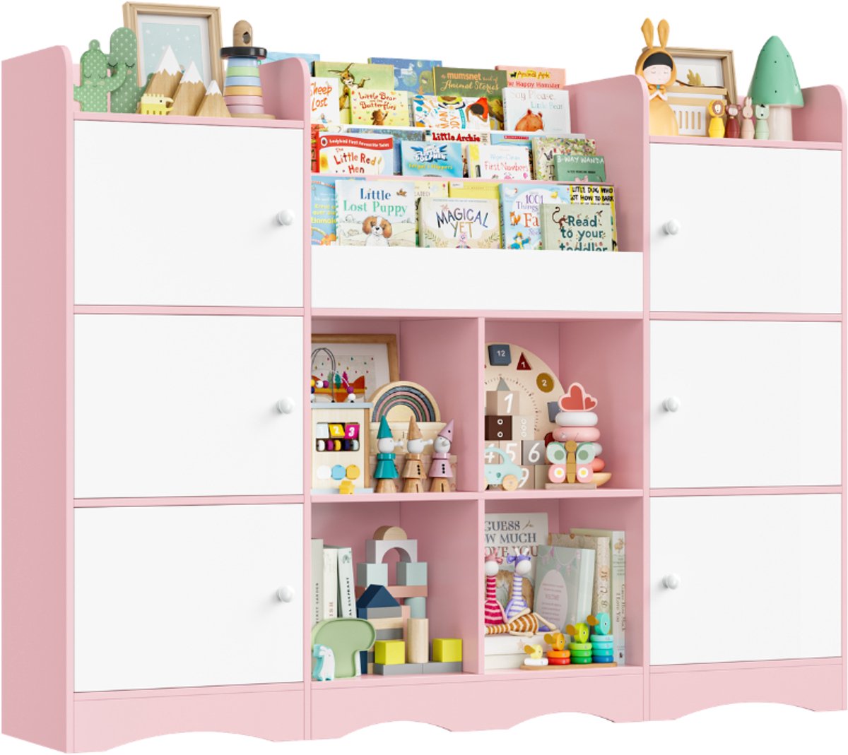 Getone Kinderopbergkast – Voor Speelkamer en Kinderkamer – 6 Deuren & 6 Open Vakken, Kinderboekenplank, Opbergmeubel – Wit/Houtkleur, 140x30x106 cm
