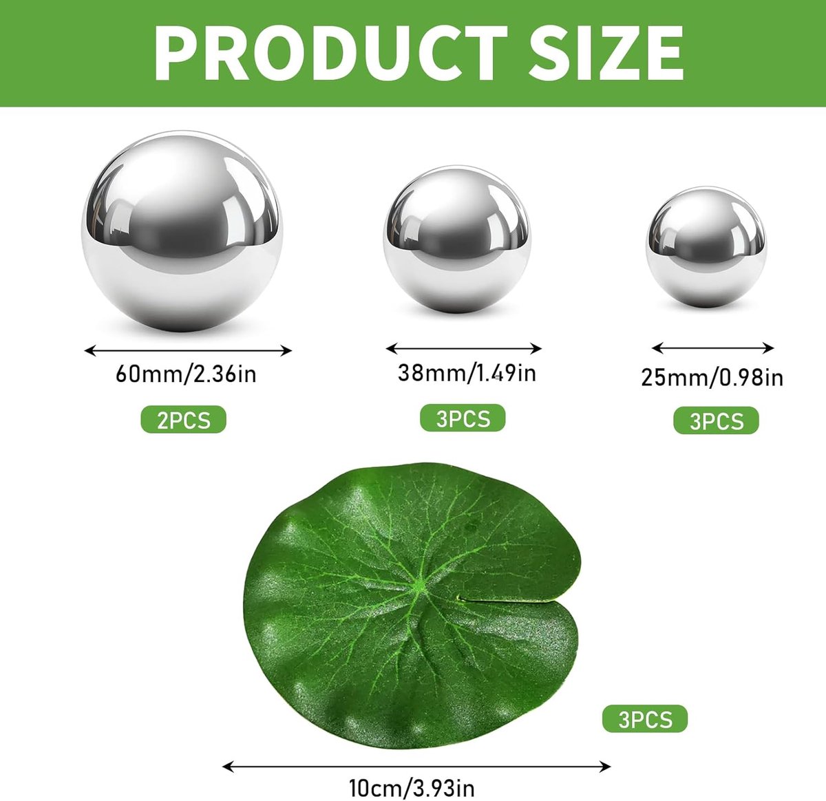 SnelShoppen - Set van 8 roestvrijstalen decoratieve bollen zilverkleurig met 3 drijvende lotusbladeren, 3 maten van 2,5 cm tot 6 cm voor mini-vijver e