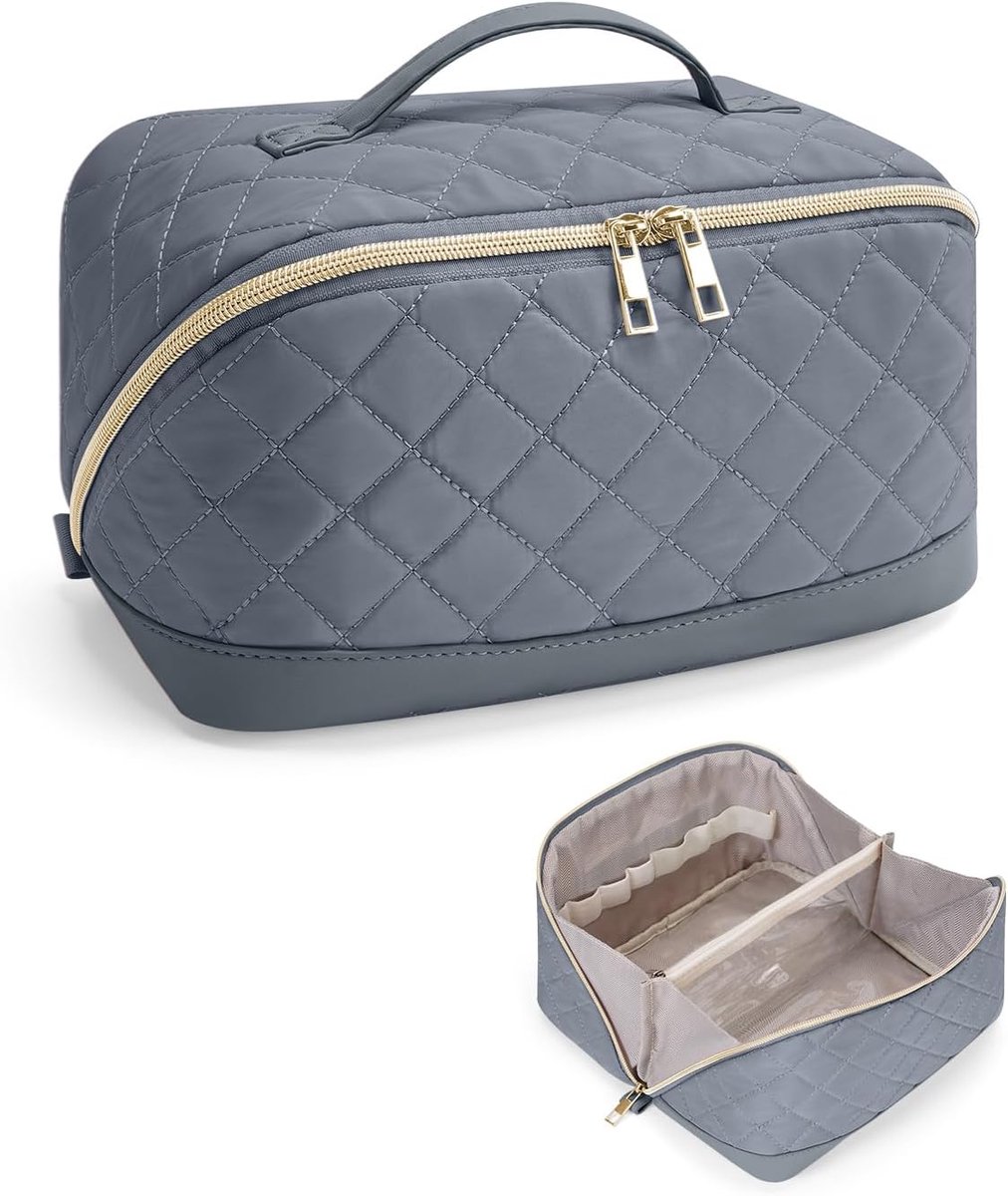 SnelShoppen - Wandering Nature Make-uptas voor dames, grote waterafstotende make-uptas met borstelvak, scheidingsvakken en handvat, grijs/groen, gewat