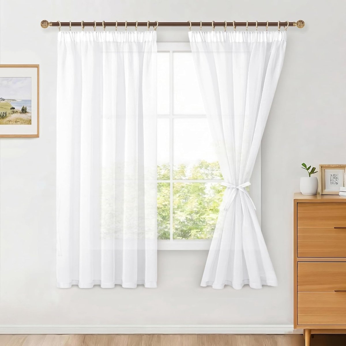 set van 2 stuks Sheer Voile gordijnen, gordijnen met krukselband, transparant, voor de woonkamer, lichtdoorlatend, decoratief, voor de slaapkamer, 145 x 140 cm (h x b), wit