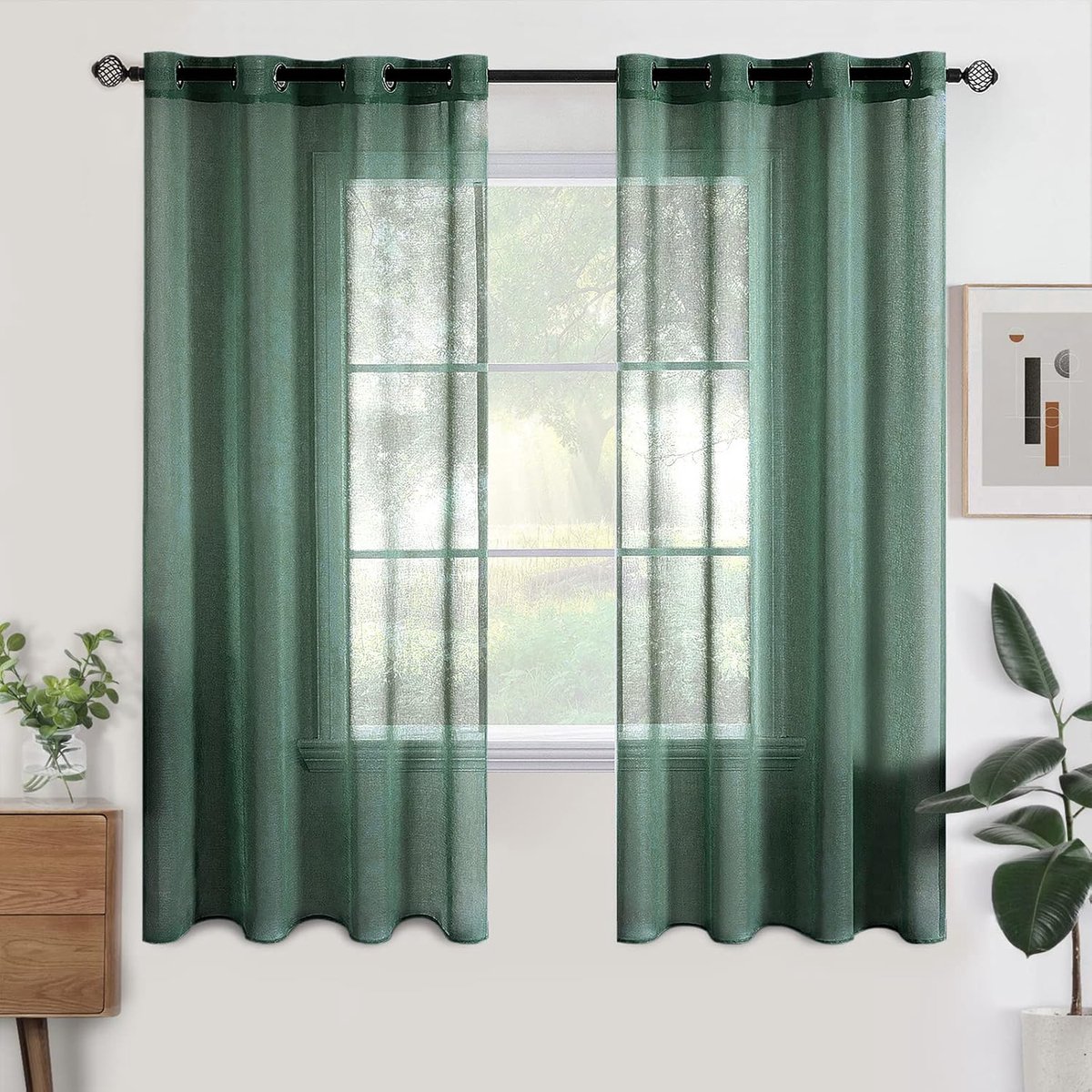 Set van 2 transparante gordijnen met ringen, korte semi-transparante binnengordijnen voor slaapkamer, woonkamer, huis, 140x175 cm, donkergroen