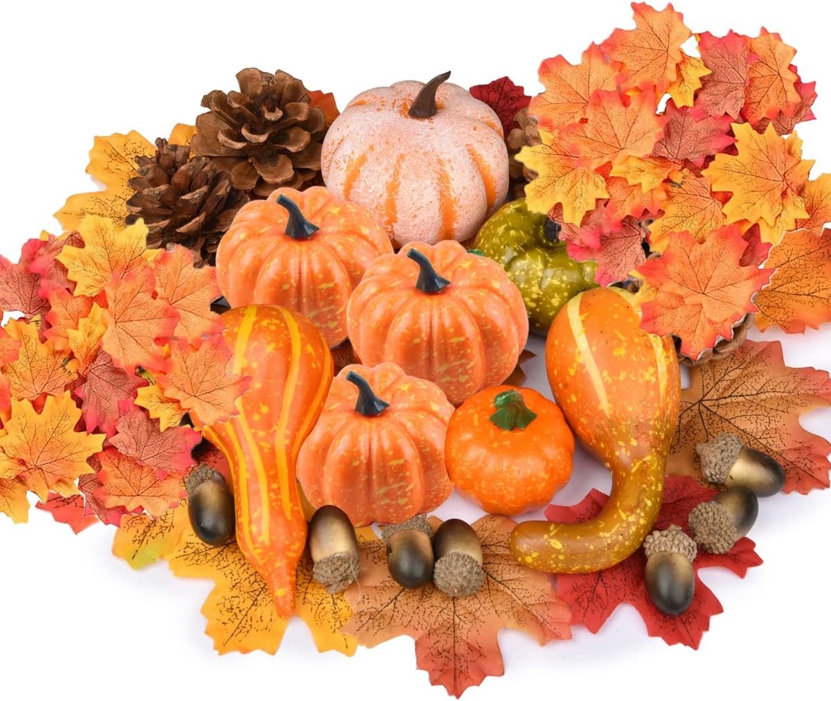 50 stuks kunstmatige pompoenen voor de herfst, Halloween pompoen decoratie Thanksgiving decoratie set, mini nep oogst pompoenen, nep pompoenen met ahornblad decoratie set