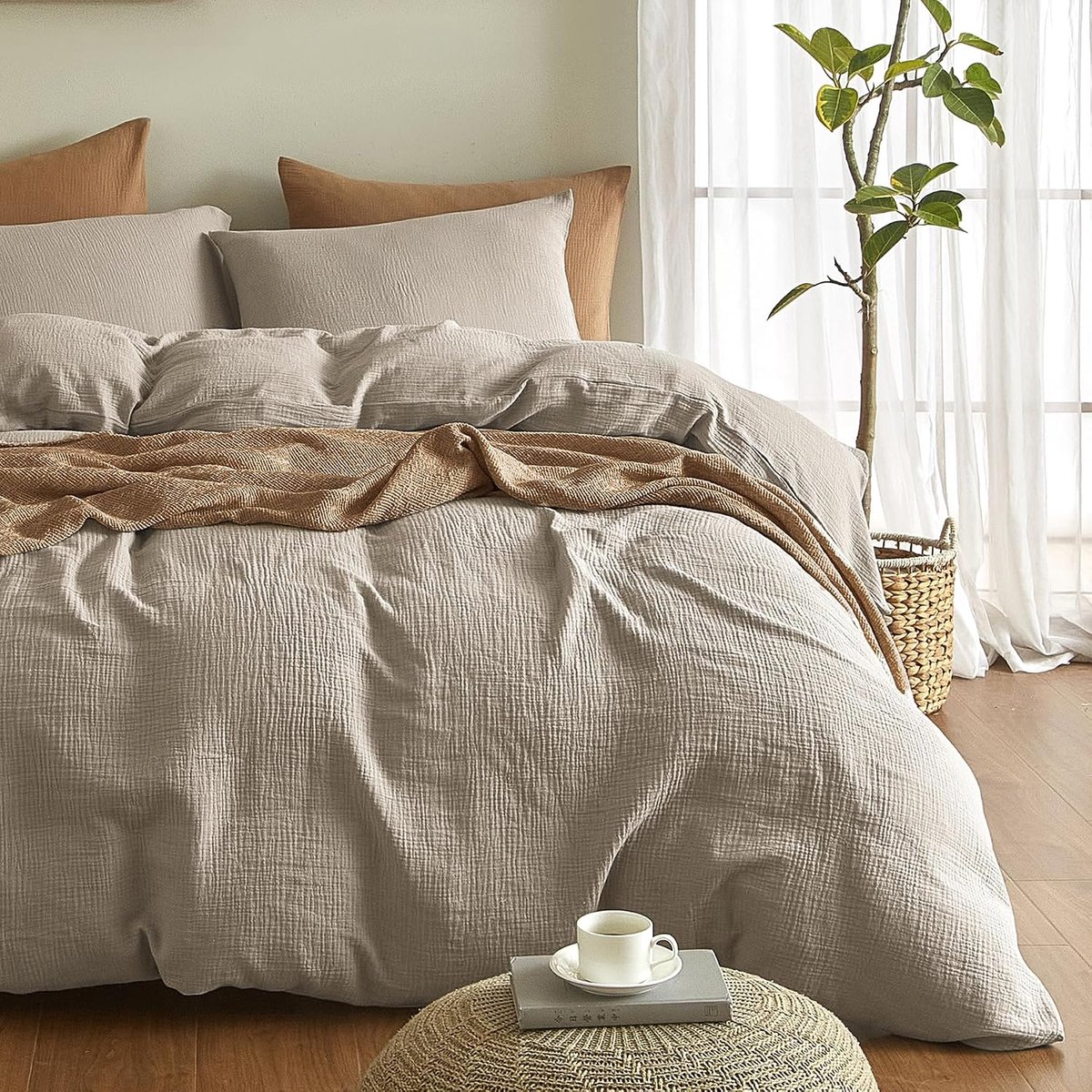 Premium mousseline beddengoedsets, 155 x 220 cm, 3-delig, 100% katoen, ademend en strijkvrij, dekbedovertrekken 155 x 220 cm + 2 kussenslopen 80 x 80 cm, Oeko-Tex beddengoedsets met knopen