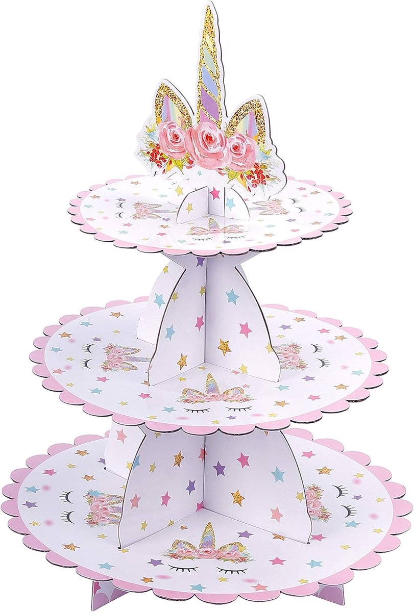 Cupcakestandaard met 3 niveaus van karton met ronde eenhoorn-motief voor babyshower, verjaardag, themafeest