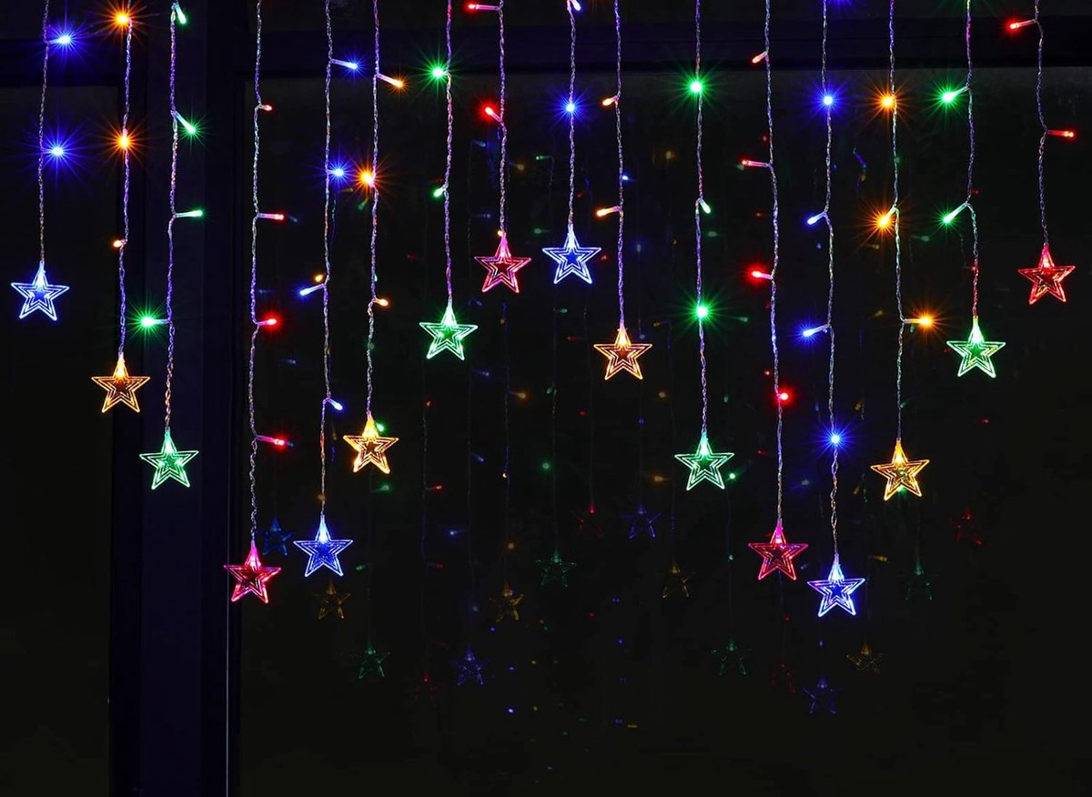 Lichtsnoer met sterren, kerstverlichting, bont, 2 x 1 m, lichtgordijn, kerstverlichting, raamverlichting, lichtketting, kerstdecoratie, voor binnen op het raam, 8 verlichtingsstanden, 104 leds, USB-lichtkettinggordijn