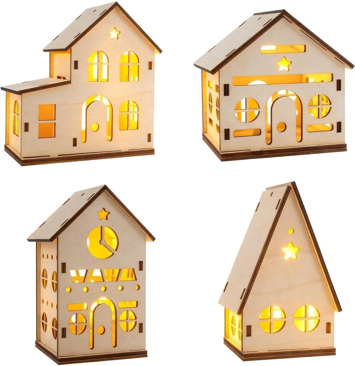 LED houten kersthuis kerstdecoratie, DIY kerstdorp huizen winterdorp kerstelijke sierdecoratie tafeldecoratie, miniatuur huisdecoratie kerstdorp met verlichting, adventsdecoratie
