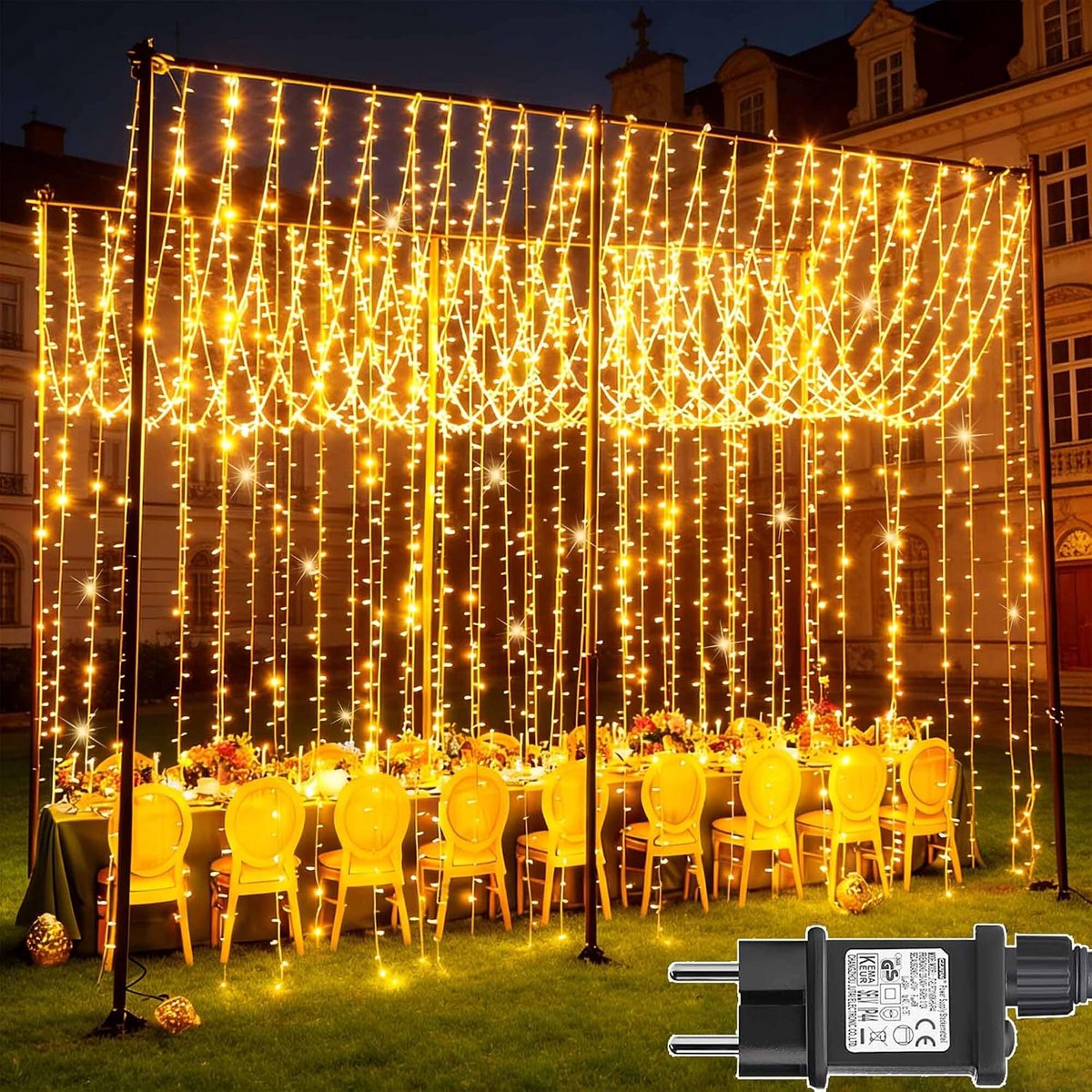 Lichtgordijn, 2 stuks, 6 m x 3 m, 600 leds, lichtgordijn, 9 modi, kerstverlichting, werkt op stroom, waterdicht, voor raam, lichtketting voor muur, buiten, binnen, kerstdecoratie (warmwit)