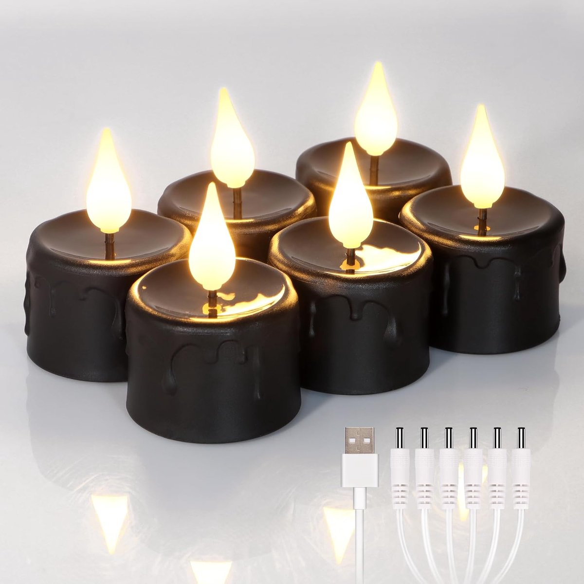 6 stuks zwarte led-theelichtjes met timer (6 uur), flikkerend warm wit licht, elektrische oplaadbare kaarsen met USB-kabel, geen afstandsbediening, Halloween, kerstdecoratie, diameter 4 x