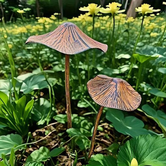 Tuinsteker in paddenstoelvorm, tuindecoratie, plugin, roest, grote paddenstoelen, tuindecoratie, grondpen voor bloembed, voor buiten, paddenstoeltuindecoratie (3 stuks) — afbeelding 4