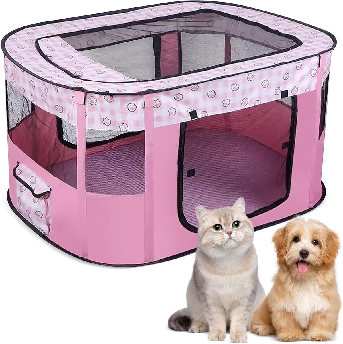 Puppybox voor huisdieren, opvouwbare omheining, puppyuitloop, rechthoekige tent, draagbaar hok voor kittens, puppy's en konijnen (roze)