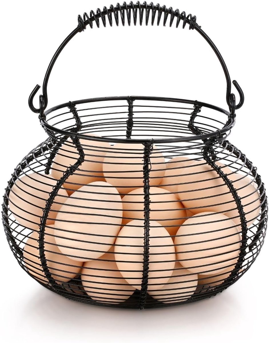 Eierverzamelmand, ronde draadmand, kippeneihouder, zwarte boerderij, rustieke, decoratieve eieropslag, kippeneiermand voor het verzamelen van verse eieren, fruit en groenten, met handvat