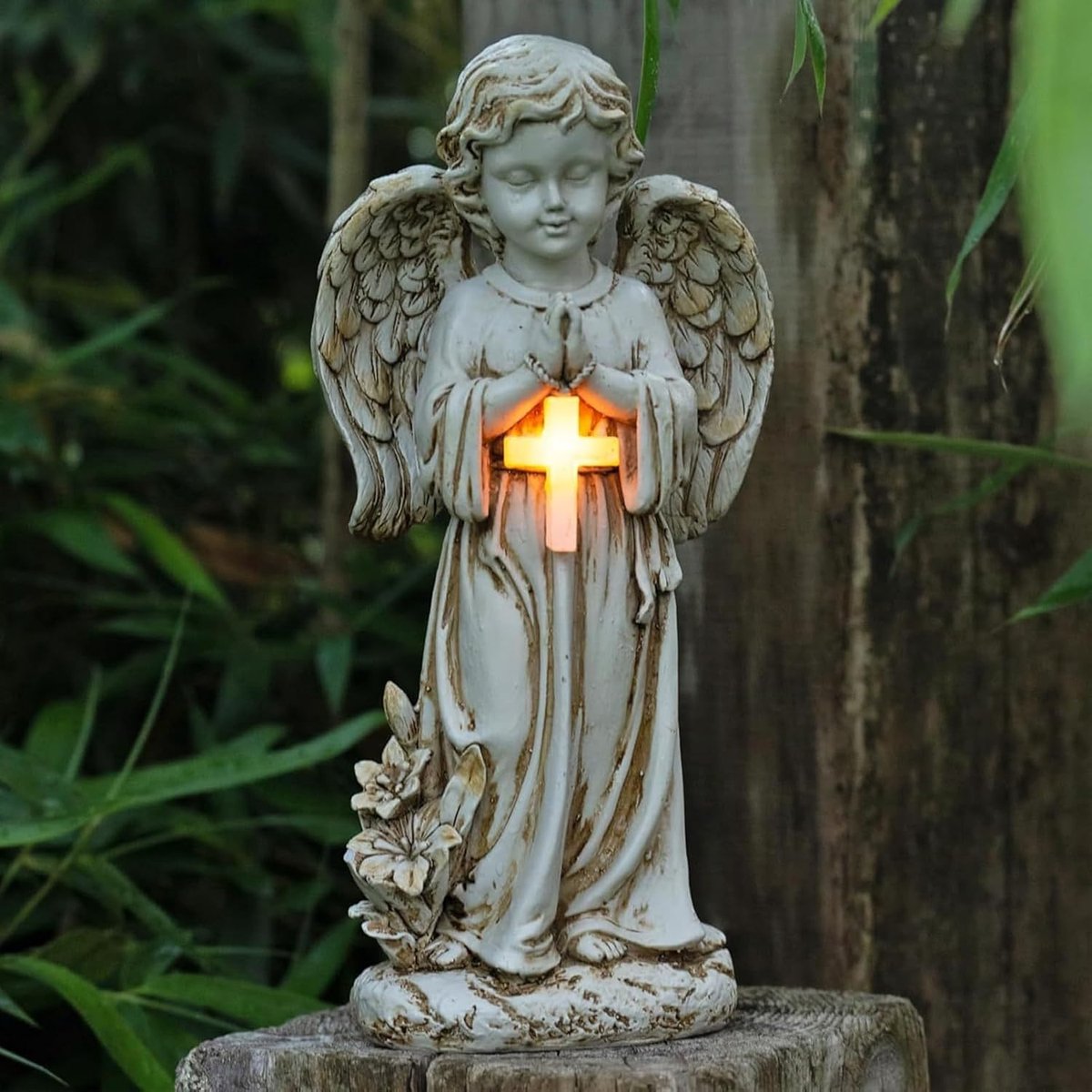 Engel Tuinstandbeeld - LED-Beschermengel-Figuur, Weerbestendige Biddende Figuur bij Graf, Graflicht Outdoor-Decoratie, Sculptuur Deko voor Grasveld, Erf, Terras, Vensterbank, 31cm