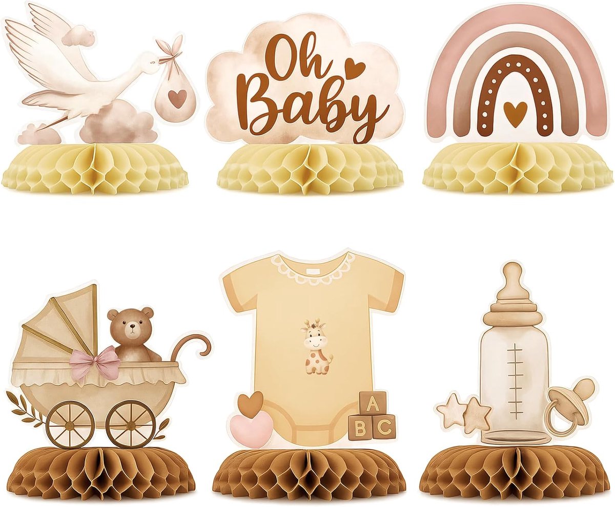 6 stuks Babyparty Decoratie, Tafeldecoratie Babyparty met Ooievaar Geboorte Motief, Honingraat Middelstuk Decoratie, Tafeldecoratie voor Babyshowerparty en Babyparty