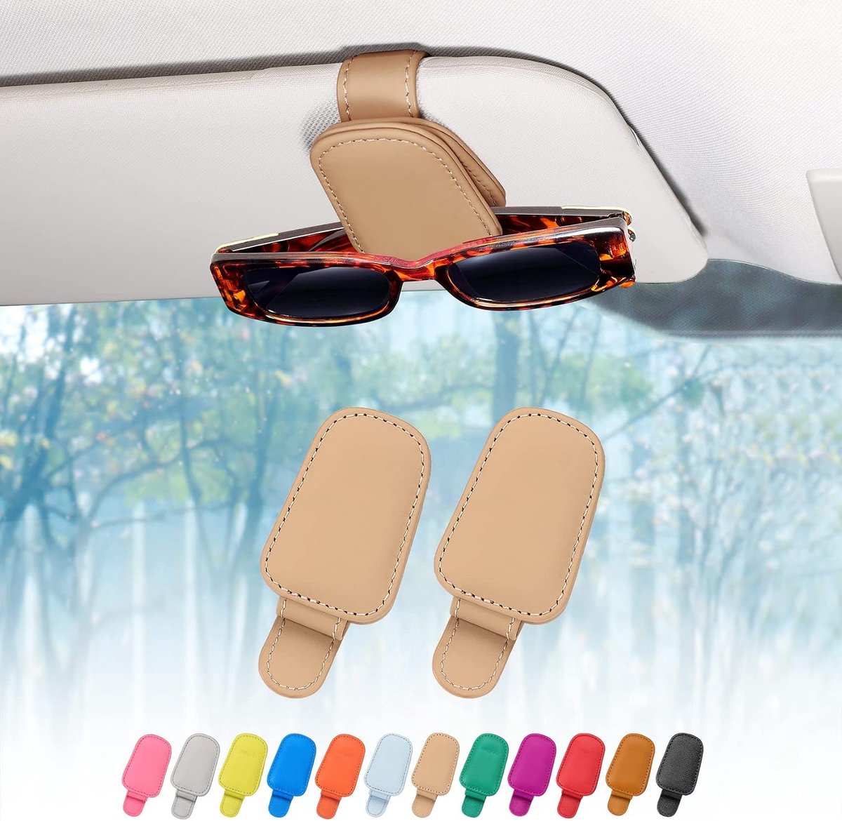 2 stuks brillenhouders voor autozonneklep, echt leer, auto-vizier, accessoires, zonnebrilhouder, magnetische zonnebrilhouder, ticketclip, lichtbruin