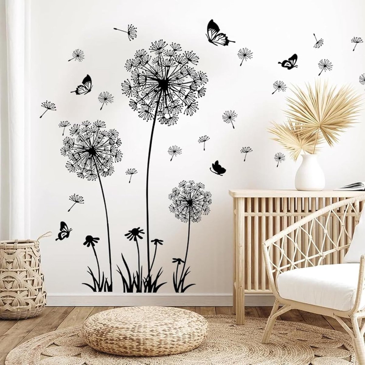 Muurstickers, zwart, muurstickers paardenbloem, vlinder, planten, muurstickers, muurstickers, woonkamer, slaapkamer, kinderkamer, keuken, badkamer, entree