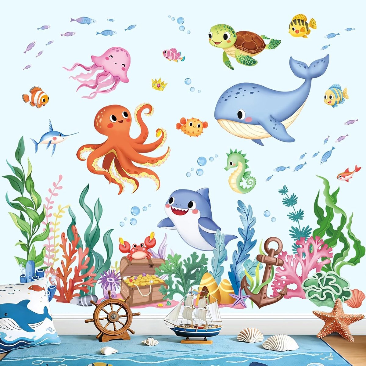 wondever Muursticker zee vis muursticker zeedieren oceaan octopus zeewier gras muursticker babykamer onderwaterwereld wanddecoratie voor kinderkamer badkamer