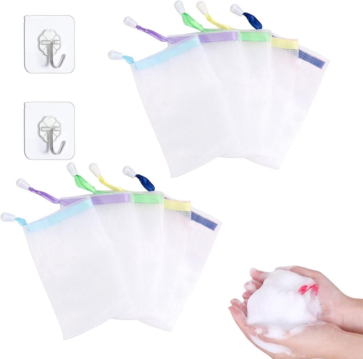 10 stuks zeepnetzakken met 2 haken, dubbellaags zeepnet met trekkoord, stevige zeepzakjes voor schuimzeep voor het wassen van de douche (willekeurige kleuren)