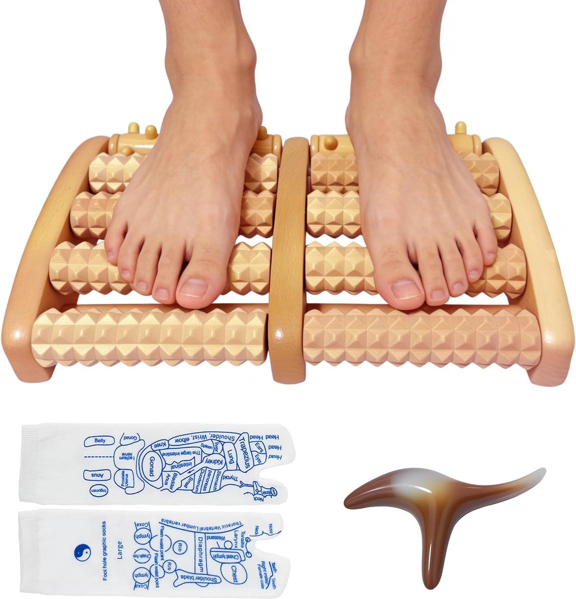Voetmassageapparaat set van hout, voetmassageroller met 2 massagezones, reflecterende zones, massagesokken en massagegereedschap, voetmassage en doorbloeding, hielspoor en ontspanning