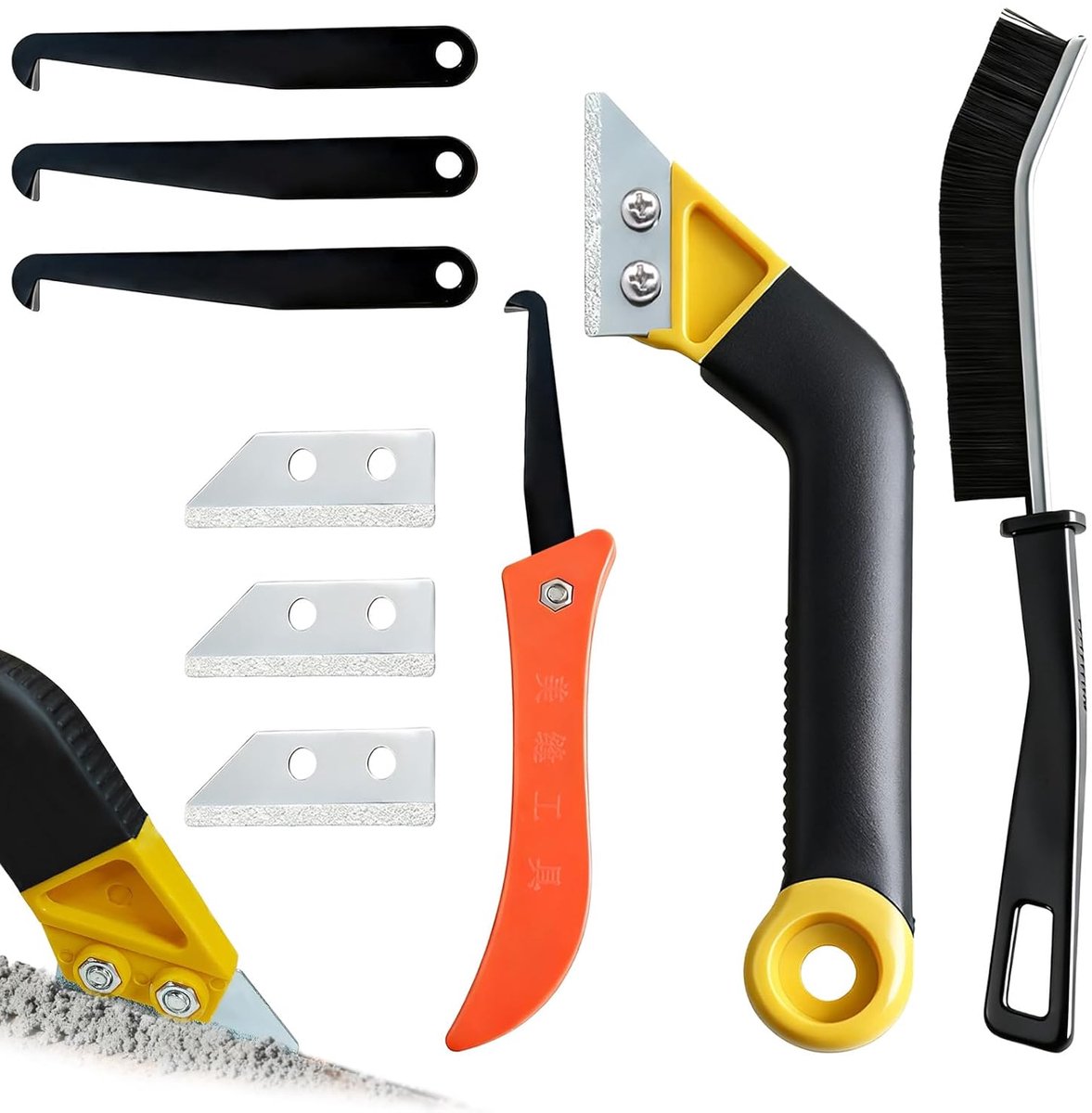 Schrapers, set van 9 stuks, grout remover met 6 reservemesjes, groef reinigingsgereedschap, joint remover voor keuken, badkamer, tegels (C)