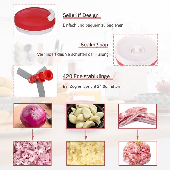300ML Uiensnipperaar met trekkoord, 1 stuk huishoudelijke groentehakselaar, uien snijder handmatig, uien snipperaar, multisnipperaar shredder vleesmixer, voor ui, wortel, groenten, rood — afbeelding 2