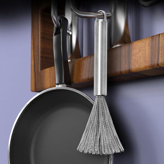 borstel, keukenborstel, 24 cm, reinigingsborstel, afwasborstel, potreiniger, roestvrij staal, pannenborstel met lange steel voor keukens, potten, pannen, borden, kookgerei, 1 — afbeelding 4