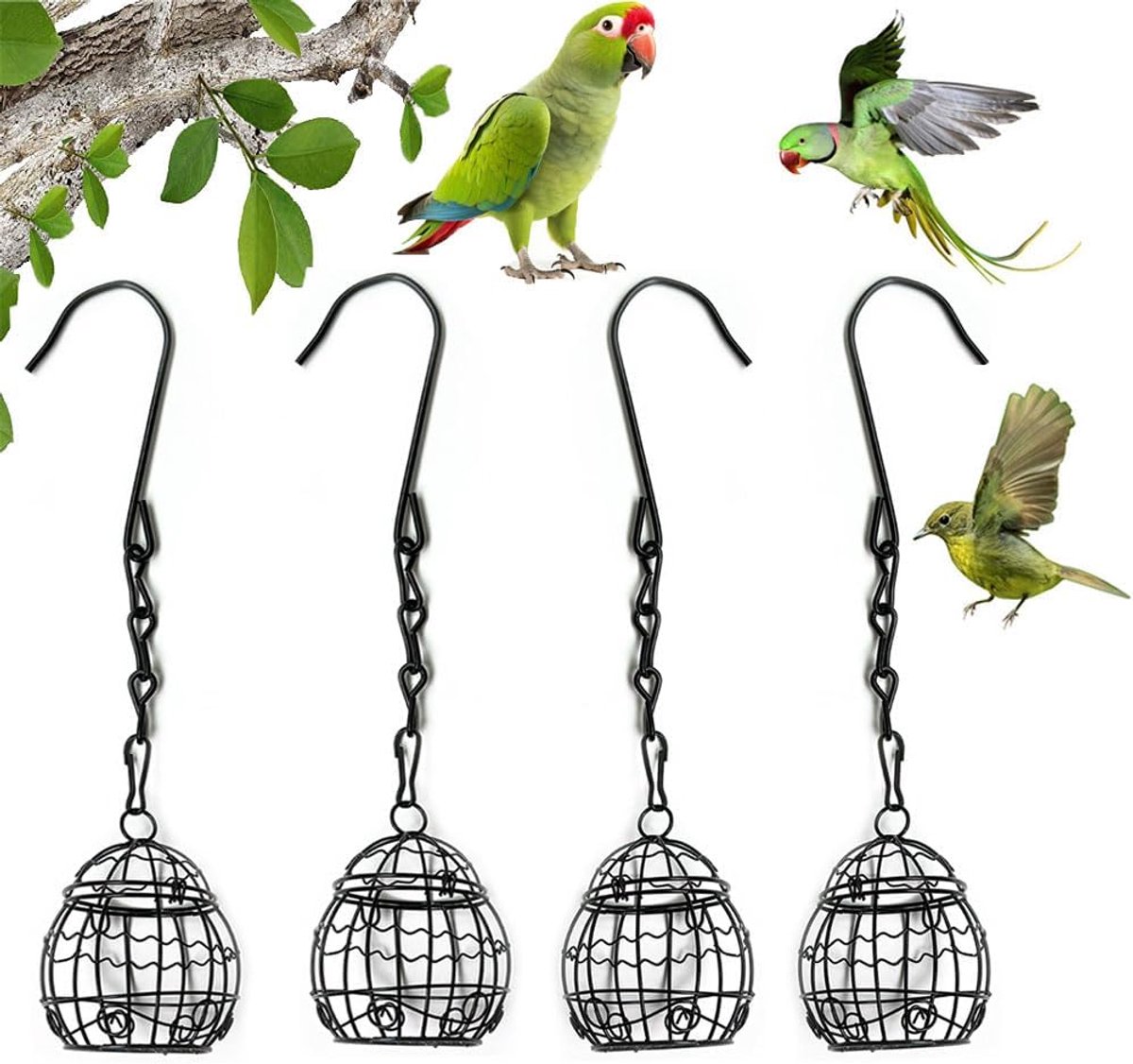 4 stuks mezenbollenhouders, mezenbollenhouder, vogelvoederstation met S-vormige haken, voederstation voor vogels om op te hangen, metalen vogelfeeder voor mussen, wilde vogels, roodborstjes, vogels