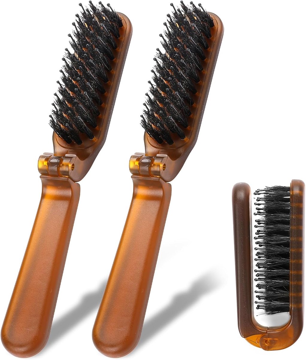 Thijox - Mini Varkenshaar Borstel Set van 2 - Compacte Opvouwbare Haarborstel voor Glans en Ontwarren - Geel-Bruin Reizen Borstel voor Thuis en Onderw