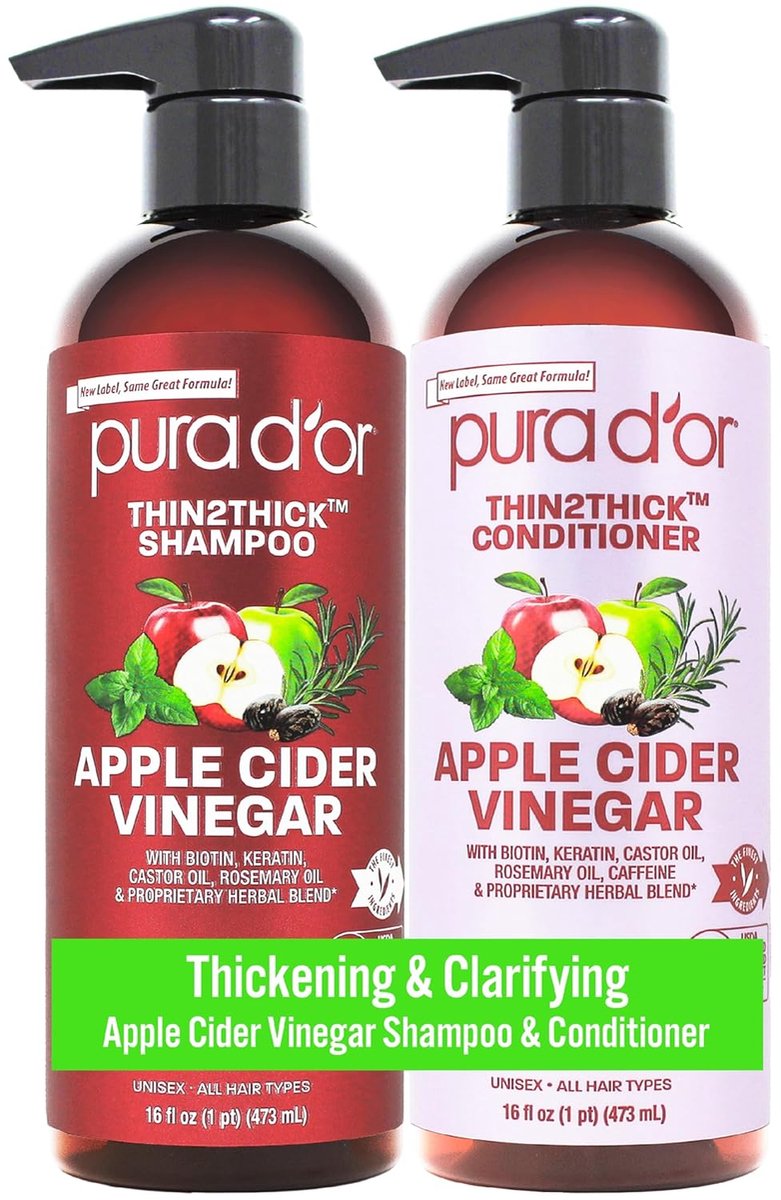 PURA D'OR Apple Cider Vinegar Thin2Thick Conditioner – Conditioner voor Dunner Wordend Haar met Biotine, Cafeïne & Appelazijn – Sulfaatvrij – Voor Meer Volume en Gezond Uitziend Haar