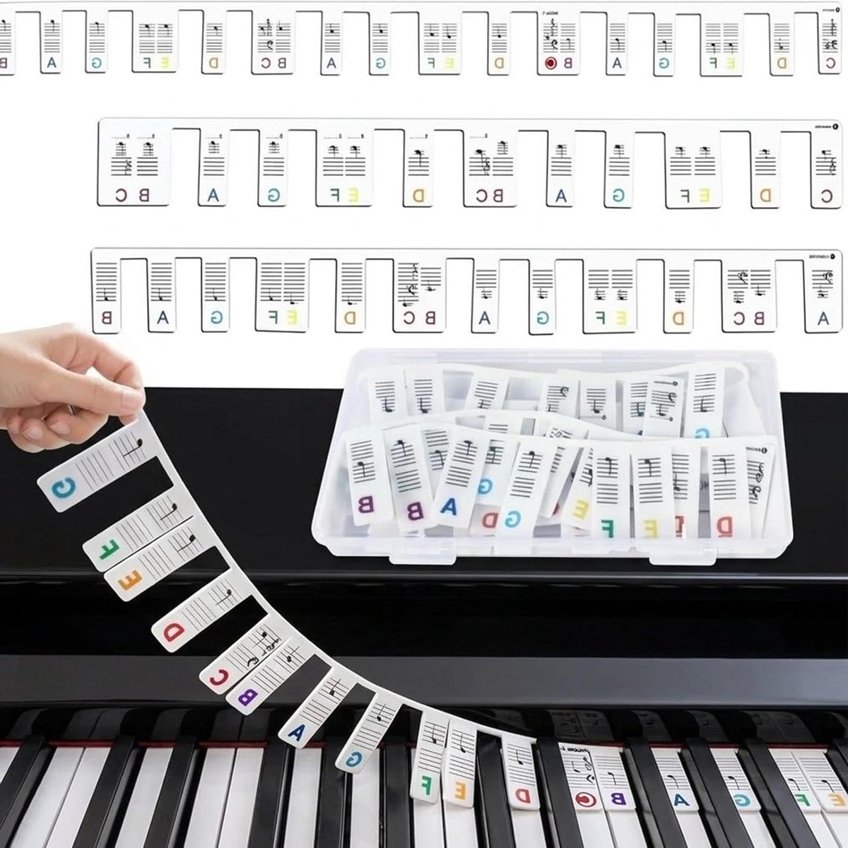 Pianostickers - Muzieketiketten - Muziek Leren - Afneembaar Zonder Resten - 88 Toetsen - Veelkleurig