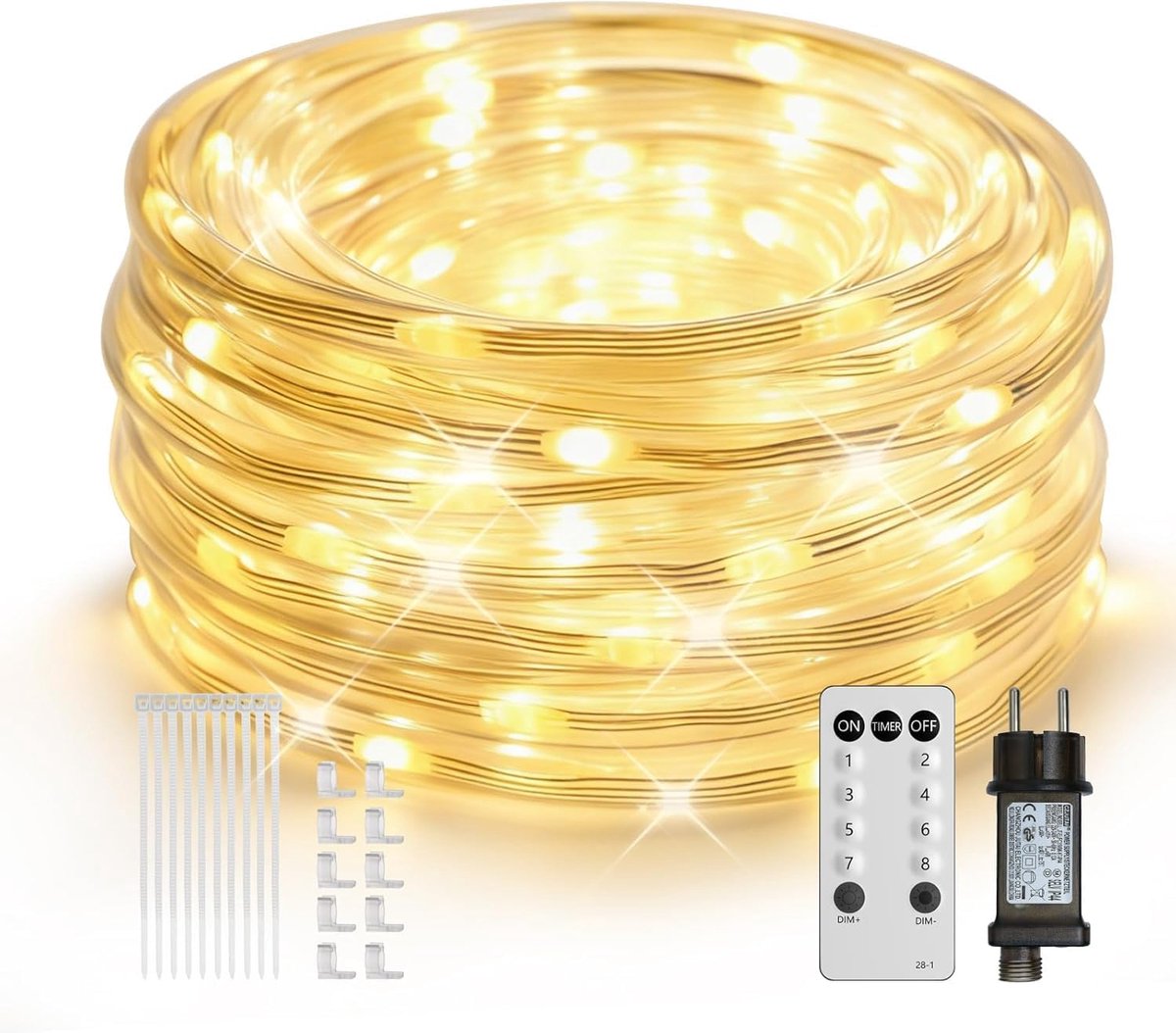 SnelShoppen - LED-lichtslang voor buiten 15 m, waterdichte lichtketting IP67, 8 modi, dimbaar, met afstandsbediening en timer, warmwit voor binnen en