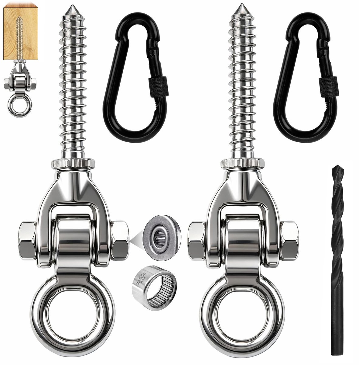 Set van 2 schommelhaken van roestvrij staal, hangmatbevestiging, zware belasting, hangstoel, ophanging met lagers voor houten balken, stalen balken, veranda, schommel, yoga, hangmatstoel, bokszak