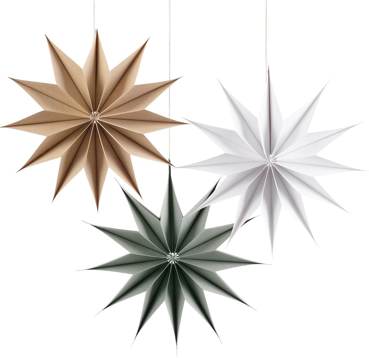 3 stuks papieren sterren, 29 cm, grijs, originele houtkleur, wit, vouwsterren, decoratie, twaalf hoeken, papieren waaiers, feestdecoratie voor bruiloft, verjaardag, tafeldecoratie